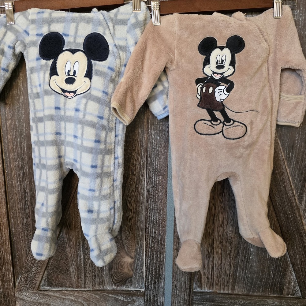 Disney Baby Rompers Size 0/3 Months Tan &‎ Blue Plaid Lot of 2 Mickey Mouse